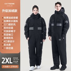 오토바이 겨울 방한 작업복 누빔 패딩 상하세트 오토바이방한복, 원피스, 블랙 2XL 벨벳 따뜻한 패딩 탈부착 모자, 1개