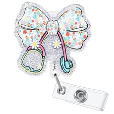 It Only Goes to Ten 재미있는 간호사 배지 릴 접이식 ID 카드 의료 홀더 악어 클립 포함 RN CNA ER ED 정신과 소아 통증 관리 종양학 1차 진료 NP, Cute Floral Bow Stethoscope