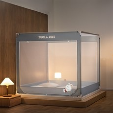 DUOLA LULU A類母嬰級防摔蚊帳 家用防塵加厚全底不銹鋼拉鍊 三開門, 丁香灰,1.5*2*1.7m送防塵頂+風扇桿