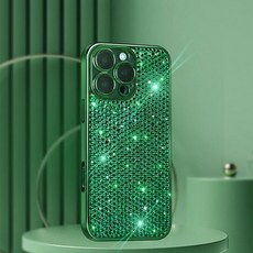 Leuhiove 아이폰 16 프로 맥스용 블링 케이스 고광택 럭셔리 글리터 반짝이고 반짝이는 라인스톤 폰 케이스 슬림 큐트 카메라 보호 TPU 커버 여성용 여아용 그린