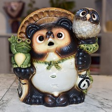 滿願成就狸貓 貓頭鷹與青蛙 日本製 信樂燒 開運吉祥物 緣起物 29cm, 詳見包裝