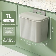 욕실 주방 벽걸이형 쓰레기통 뚜껑 화장실 긴 원통형 플라스틱, 1. 벽걸이 슬라이드형 [7L 그레이] (걸이 +...