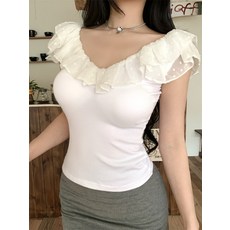 여름 블랙 프릴 오프숄더 반소매 미우 스타일 도트 무늬 망사 허리 조임 여성용 탑