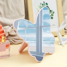 桌面臺式蝴蝶鏡子化妝鏡補妝鏡不規則異形梳妝鏡便攜LOGO塑料鏡子, 粉色:22.2cm*19.5cm臺式蝴蝶鏡
