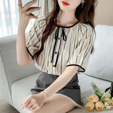 투니스 여성 배색 스트라이프 루즈핏 반소매 셔츠