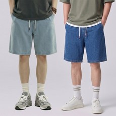 1+1 탑노치 남성 와이드 밴딩 버뮤다 5부 청 반바지