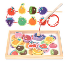 목제 블럭 실꿰기 자석 낚시놀이 교구, 과일 교구, 3개