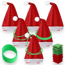 Soulchen 6팩 36피스 크리스마스 링 던지기 게임 3 in 1 파티 부드러운 플라스틱 콘 빈백 트리 가족 실내 실외 마당 정원 (레드 산타 모자), 산타 모자, 레드