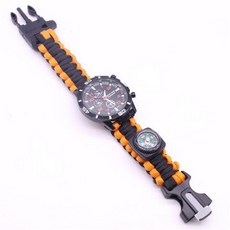 極限生存多功能手錶 傘繩編織求生手鏈錶 內置打火石指南針 不鏽鋼刀片 求生口哨, 桔色+黑色, 1個