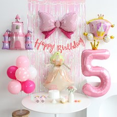 이벤트홀릭 공주 풍선 생일파티용품세트 핑크 성 캐슬 마차, 1개, 숫자풍선 5 1개, 숫자풍선 5