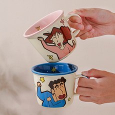 Keyiyijia 짱구 세라믹 머그잔 2개입, 1세트, 블루 + 핑크