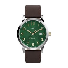 TIMEX 天美時 Main Street 38毫米 簡約 日期窗 皮革錶帶腕錶 綠x棕