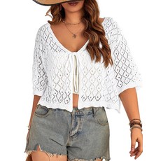 여성용 플러스 사이즈 크로셰 카디건 크롭 반소매 타이 프론트 경량 니트웨어 화이트. 3XL 160020