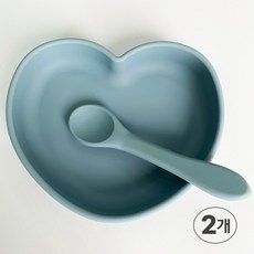 디어플레이스 하트 흡착식판 실리콘 이유식용기 그릇 + 스푼 - 5색, 블루, 2개