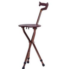 접이식 노인용 걷기 4발 스틱 고동색+높이조절+형손잡이+의자, 회색좌석+두꺼운스테인리스