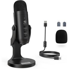 질사운드 팟캐스트 마이크로폰 PC용 노이즈 캔슬링 USB 마이크 게인 볼륨 조절 및 음소거 버튼 모니터링 에코 유튜브 틱톡 스트리밍 아이폰 아이패드 안드로이드 맥, Black