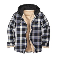 IVUMA 남성용 면 격자무늬 긴소매 셔츠 재킷 플리스 안감 플란넬 셔츠 셰르파 버튼 다운 코트 후드 포함 네이비 플레이드.