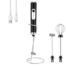 BEoffer 우유 거품기 휴대용 충전식 2000mAH 파워 거품기 완드 전기 폼 메이커 스테인리스 거품기 2개 포함 3가지 속도 음료 믹서 커피 거품기 라떼 카푸치노, 01 블랙+ 스탠드
