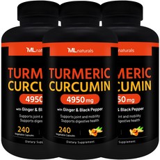 [미국빠른직구] 신제품 마이라이프 내추럴스 유기농 강황 커큐민 4950mg (진저+블랙페퍼), 3개, 240정