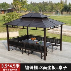 야외정자 조립식 바베큐장 파고라 정원 테라스 원두막, 3.5x4.5m 좌석판 3개 테이블 포함