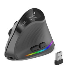 AOC 2 4GHz 인체공학적 마우스 업무용 무선 블루투스 수직 4800 DPI 광학 추적 5 조절 가능한 DPI 조용한 클릭 RGB 조명 컴퓨터 노트북 PC, Gray, Gray