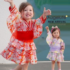 Augelute Baby童衣 兒童日式和服浴衣套裝 女童印花洋裝 花朵蕾絲領雙裙襬 拍照節慶日常皆宜
