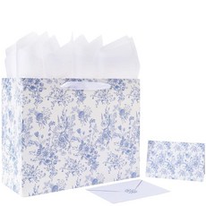 손잡이가 달린 33cm(13인치) 대형 블루 플로럴 선물 가방 세트 인사말 카드 화이트 티슈 페이퍼 및 스티커 생일 발렌타인 데이 결혼식 기념일 어머니의 날 꽃, 손잡이가 달린 33cm(13인치) 대형 블루 플로럴 선