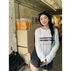 夏季白色字母印花長袖T恤 寬鬆薄款防曬罩衫 百搭休閒上衣