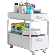 Alemon 주방용 씽크대 2단 슬라이딩 선반 서랍식 수납장 찬장 양념통 정리대, 흰색, 1개