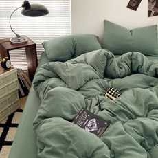 新款磨毛水洗棉牀笠學生宿舍牀單被套 4件組, 清新綠,枕套一對