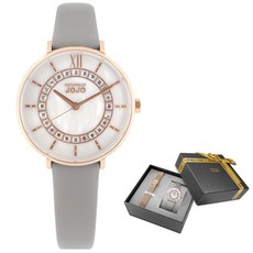 NATURALLY JOJO 珍珠母貝真皮手錶禮盒組 (贈錶帶) 白x玫瑰金框x灰 34mm