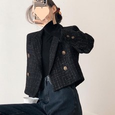 아이엠몽 여성 더블버튼 카라넥 크롭핏 트위드 자켓