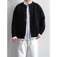 黑色圓領針織開衫毛衣外套 秋冬寬鬆撞色邊鈕扣長袖上衣 (男)