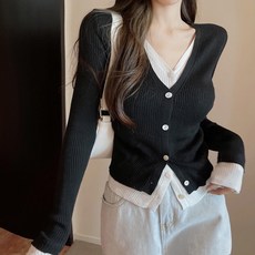 투니스 여성 투피스 디자인 브이넥 긴소매 니트 가디건