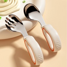 寶寶學習餐具 兒童餐具組 不鏽鋼湯匙 幼兒湯匙 附收納盒, 新升級【彎勺叉】活力橙叉勺, 1個