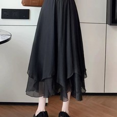 해피유통 여성 고급 블랙 시폰 레이어드 롱스커트 우아한 디자인 패션 기품XG05
