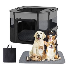방수 패드가 있는 휴대용 상자 놀이펜 고양이 강아지 반려동물 반려견 접이식, Grey, Large(44x34x25)
