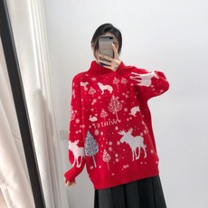 高領厚實聖誕撞色寬鬆毛衣, 1個, 聖誕紅