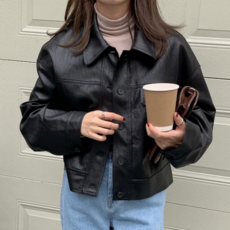 숏 크롭 인조 가죽 자켓