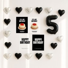 해피제이니 심플 이즈더 미니하트 20개 국산 생일포스터 숫자 호일풍선 생일 파티용품세트, 1세트, 블랙 숫자5