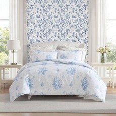 Laura Ashley - 트윈 이불 커버 세트 매칭 샴이 있는 플레인 위브 면 침구 버튼 잠금 일 년 내내 사용할 수 있는 경량 기숙사 필수품 Oeko-Tex 인증