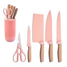 北歐風不銹鋼刀具六件套裝：廚師刀、菜刀、水果刀，廚房必備, 1個, 粉色