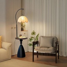 美式客廳沙發旁落地燈 茶几氛圍燈帶桌子 臥室床頭一體立式燈 多功能置物設計 直送, 丨A/黑色燈體+置物桌面+花邊燈罩+小愛