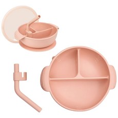 papa母嬰 兒童食品級矽膠分格餐盤 帶吸管/吸盤底, 粉色, 1個, 餐盤，吸管