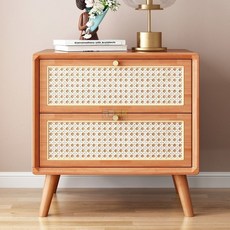 藤編床頭櫃實木櫻桃木胡桃木原木色日式收納儲物床邊櫃, 原木色 藤編實木床頭櫃,35x40x49cm, 1個