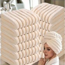 부드러운 코랄플리스 캔디 스트라이프 패턴 고흡수력 타월 6p세트, 6개, 베이지 34*74cm