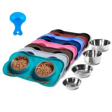 [2] 허벌크 흘림 방지 실리콘 매트 & 스테인리스 사료 그릇 세트, S, 초록색