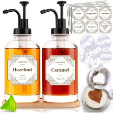 유리 커피 시럽 디스펜서 2종 세트 500ml 시럽병 대용량 대나무 트레이 라벨 포함 홈카페 인테리어 커피바 소품, Black, 2 Pack