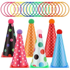 Seenelling 성인용 생일 파티 링 던지기 게임 6개의 모자 스타일 콘 푹신한 공 18개의 다채로운 카니발 게임 콤보 세트 가족 파티 뒷마당 야외 활동용, Seenelling 성인용 생일 파티 링 던지기 게임,