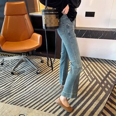 BLACK K7봄가을 빅사이즈 하이웨스트 일자 날씬해 보이는 고탄력 9부 바지 부츠컷 청바지